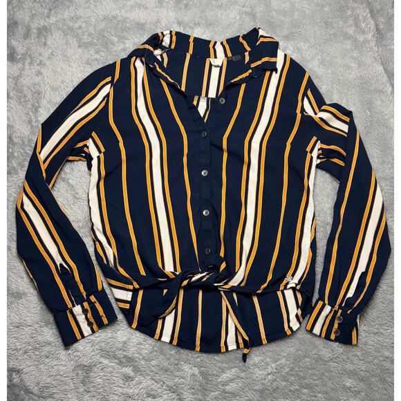 Roxy Suburbs Vibes Stripes Top Women's M Navy Yellow Button Tie Collared Button - Picture 1 of 11
